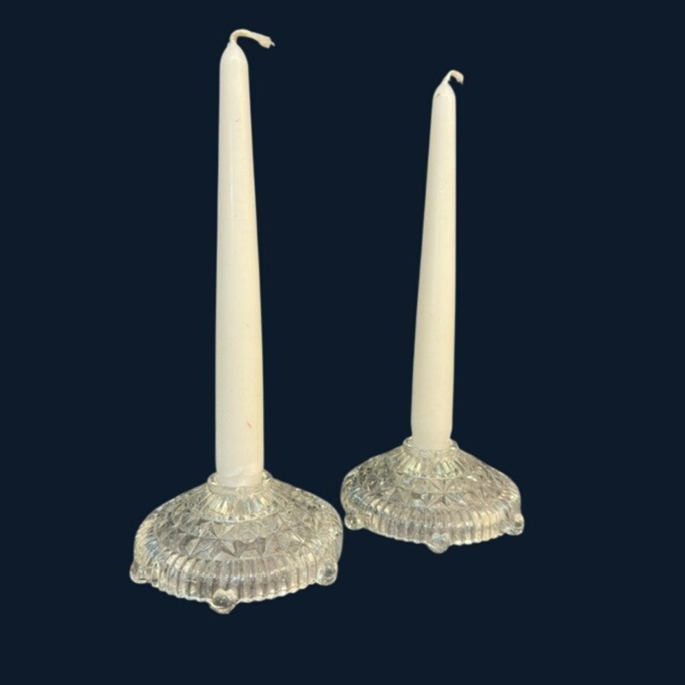 Vintage Pressed Glass Candleholders Starburst‎ Diamond Cottagecore Set 2 4in